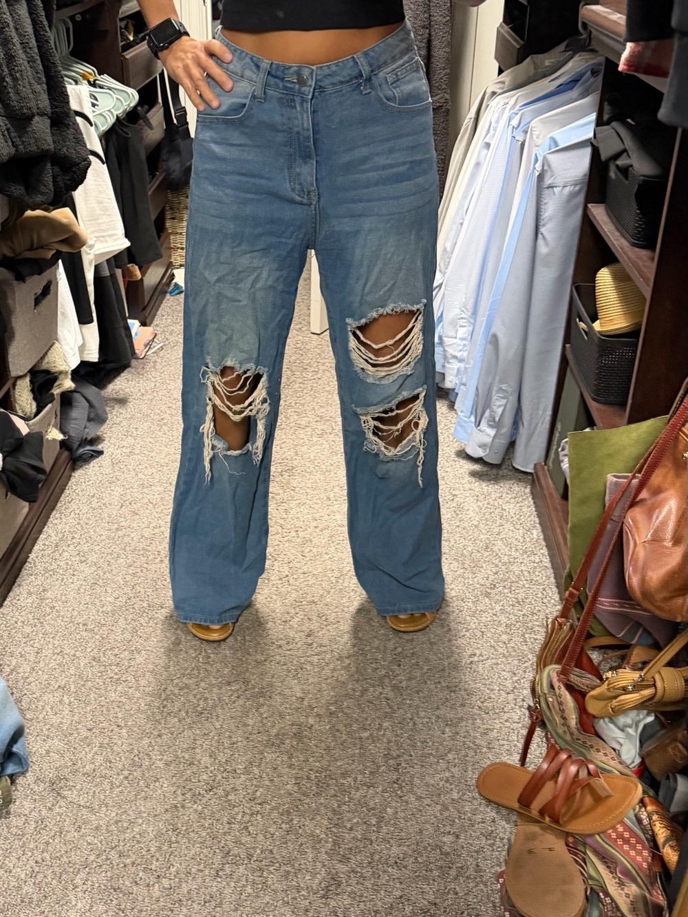 SHEIN Blue Distressed High-Waist Wide-Leg Jeans
